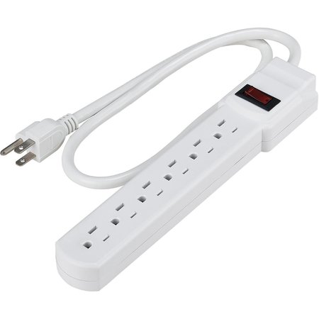 GLOBAL INDUSTRIAL 6 outlet Power Strip, 2.5' Cord, 14/3C, Lighted Switch, 15A, 125V, 1875W, White, UL/CUL 500802